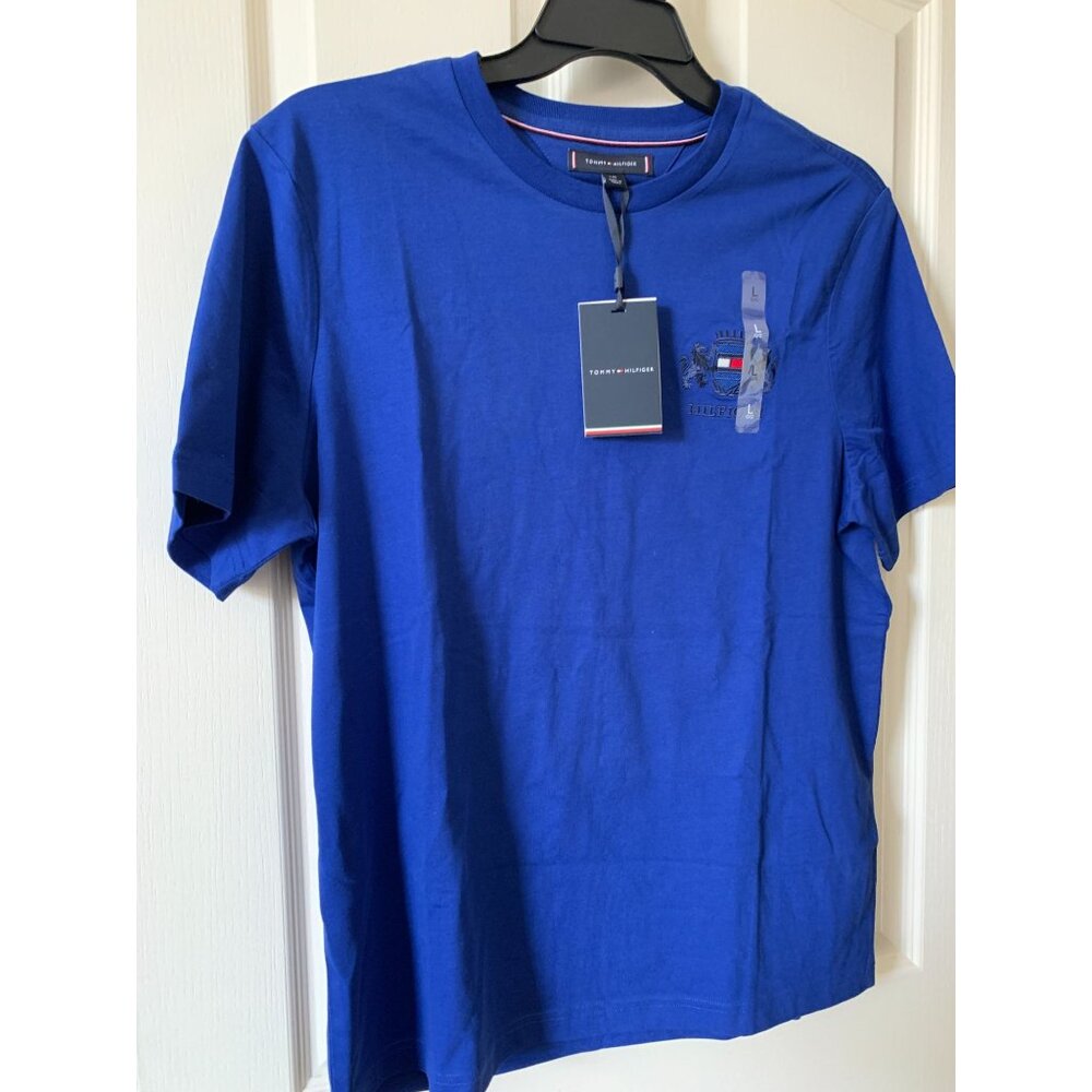 Tommy Hilfiger Mens Crest Logo Royal Blue T-Shirt L Cotton Casual Made In Turkey